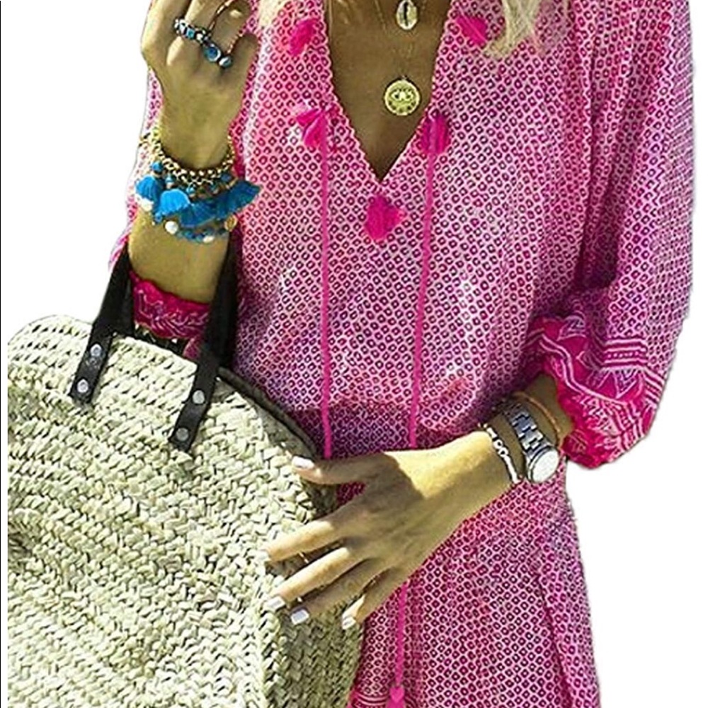 🌺🐠🦀Small pink BOHO tasseled tunic NWT 🦀🐠🌺